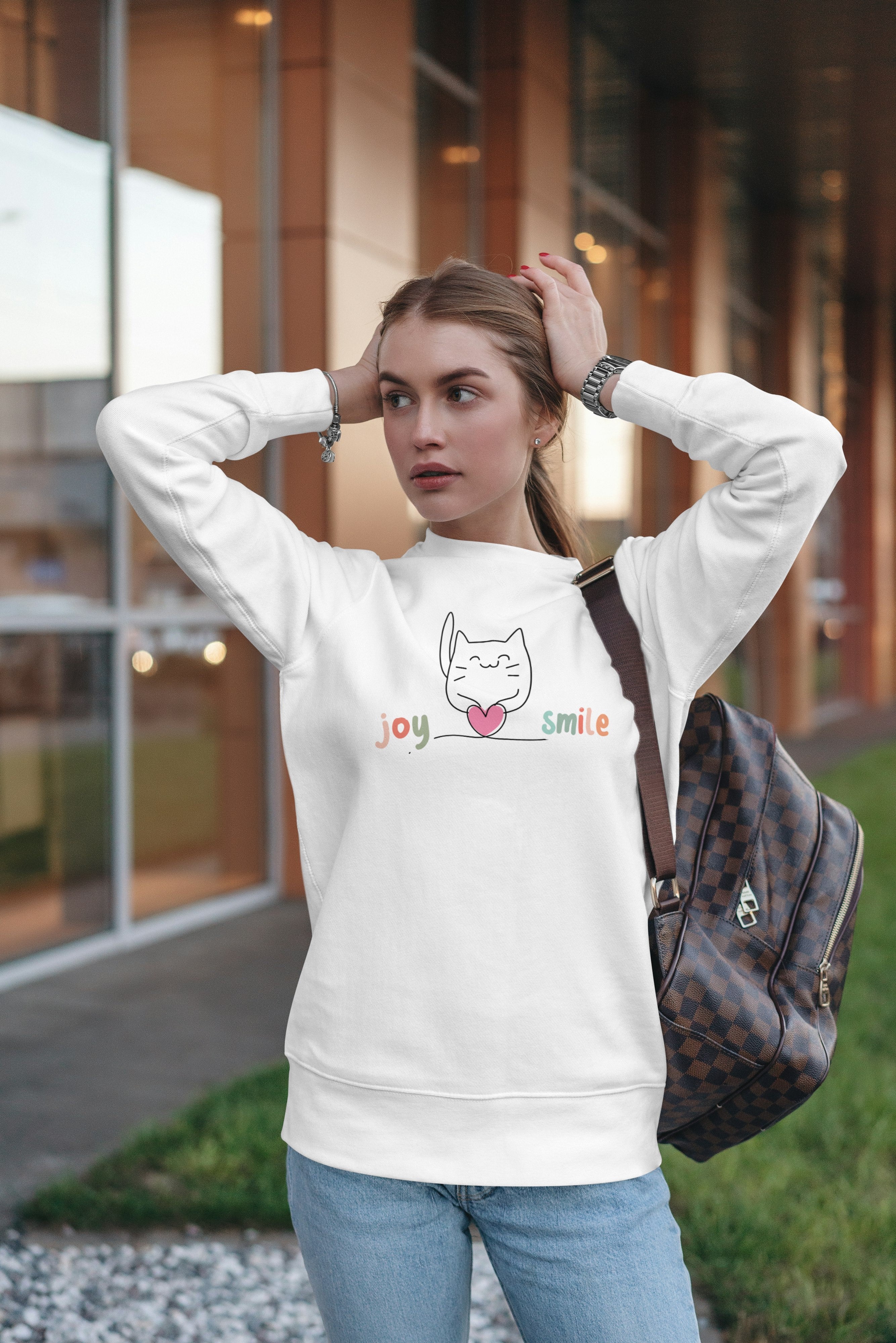 Joyful Cat Fleece Crewneck Sweatshirt - Unisex Cozy Top for Cat Lovers, Everyday Wear, Gift for Holidays, Fun Design